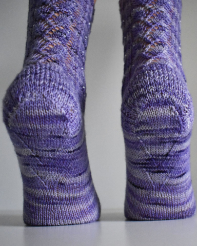 Elvenpath socks by Dots Dabbles with cables and lace and double gusset decreases