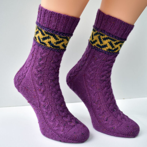 Braidalot cabled socks with latvian braids and stranded colourwork