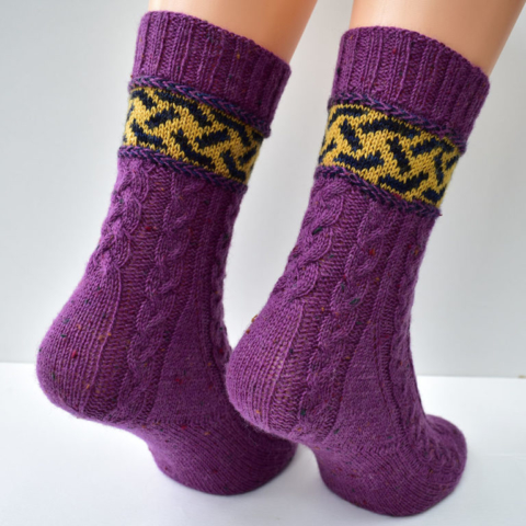 Braidalot cabled socks with latvian braids and stranded colourwork