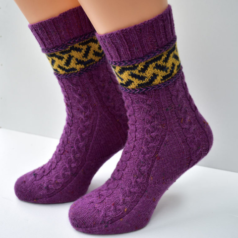 Braidalot cabled socks with latvian braids and stranded colourwork